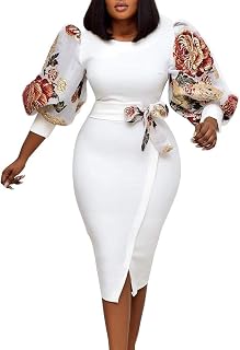 VERWIN - Women's 3/4 Sleeve Mid-Calf Round Neck Puff Sleeve Bodycon Party Dress