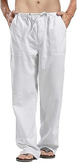 VANVENE Men's Linen Trousers Casual Loose Fit Elastic Waist Drawstring Straight Leg Yoga Beach Trousers Size