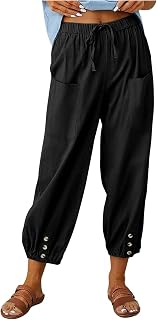 Women Casual Trousers, Lantern Tapered Harem Pants Loose Fit Ankle Linen Trousers Summer Loose Pants with Pockets