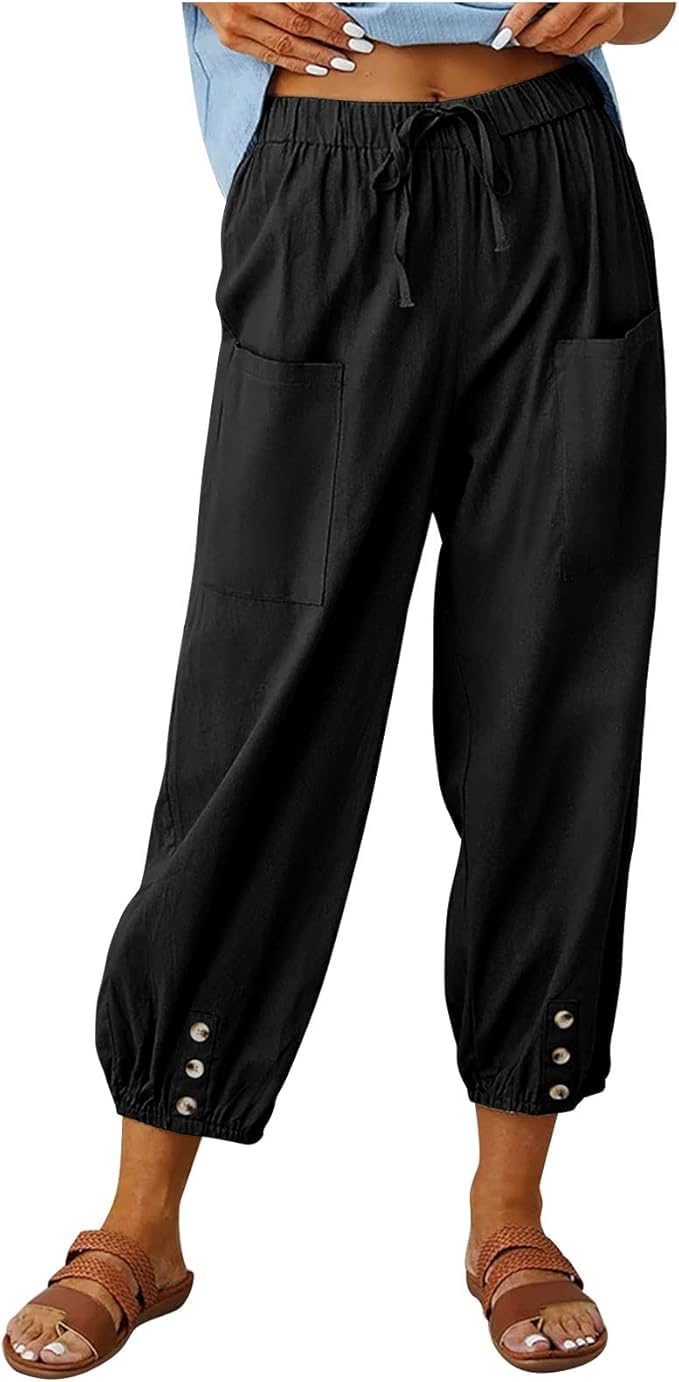 Women Casual Trousers, Lantern Tapered Harem Pants Loose Fit Ankle Linen Trouser
