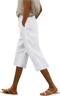 Linen Bermuda Shorts for Women Cotton-Linen Capris Casual Summer Cropped Pants Loose Fit Beach Capri Pant with Pocket