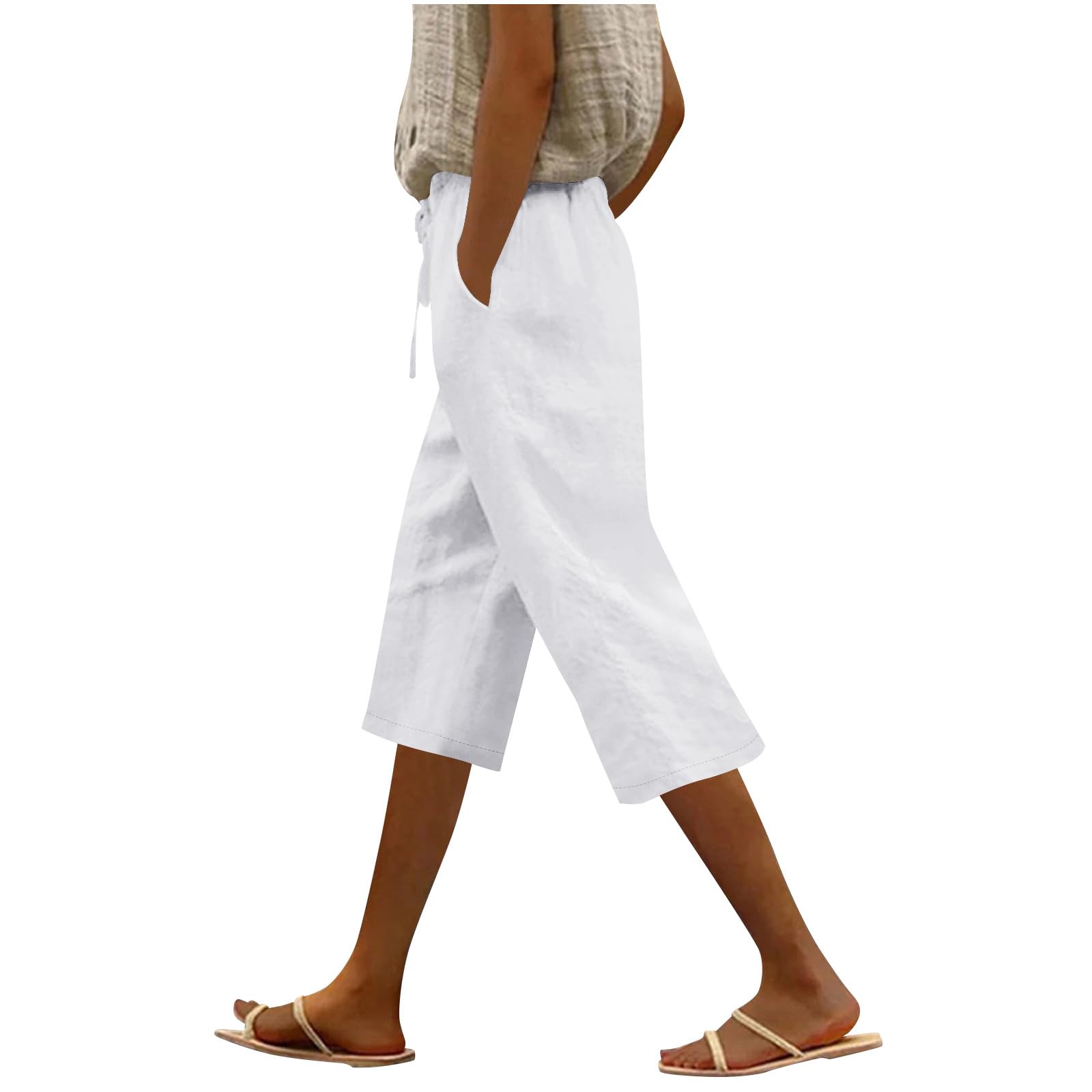 Linen Bermuda Shorts for Women Cotton-Linen Capris Casual Summer Cropped Pants L