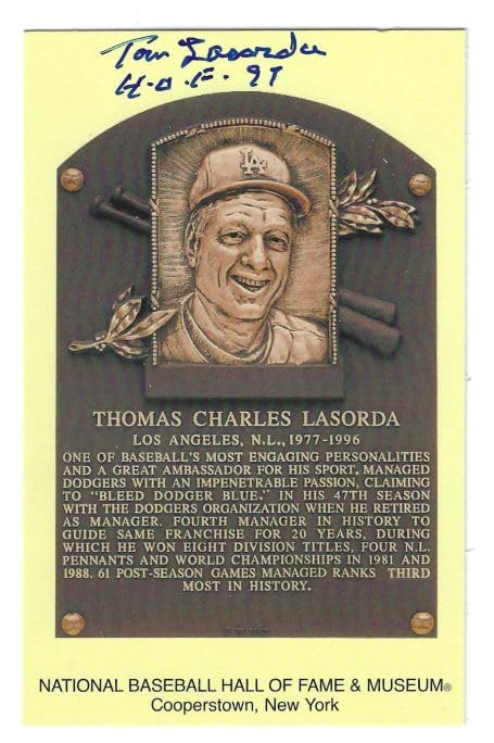 Autographed Tommy Lasorda Hall of Fame Gold Plaque Postcard