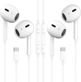 USB C Headphones, 2 Pack Type C Headphones Wired In Ear Earbuds With Mic & Volume Control Noise Cancelling for iPhone 15/16/17,iPad,Samsung Galaxy S25/S24/S23/S22/S21,Pixel 7/6,Huawei,White
