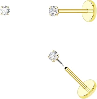 20G Threadless Flat Back Earrings hypoallergenic Titanium Small Stud Earrings Push-In CZ Nose Studs for Women Men Labret Cartilage Helix Conch Medusa Monroe Tragus Piercing Jewelry