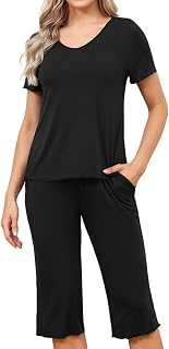 Veseacky Women’s V Neck Short Sleeve Capri Pajama Set – Soft 2-Piece Loungewear for Home, Breathable Summer Nightwear