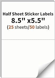Half Sheet Labels, 2 per Sheet, 25 Sheets, 50 Labels, 8.5" x 5.5" Size | Shipping Labels paper, Address Sticker Laser & Inkjet Printer Label Stickers, 5 1/2" x 8 1/2" Half Shipping Labels paper