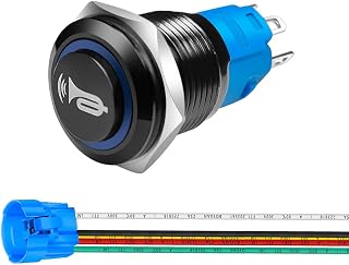 Gebildet 16mm 12V-24V/5A Momentary Switch, Speaker Horn Black Push Button with Pre-Wiring, Waterproof Metal Switch with Blue Led Light for Car Boat