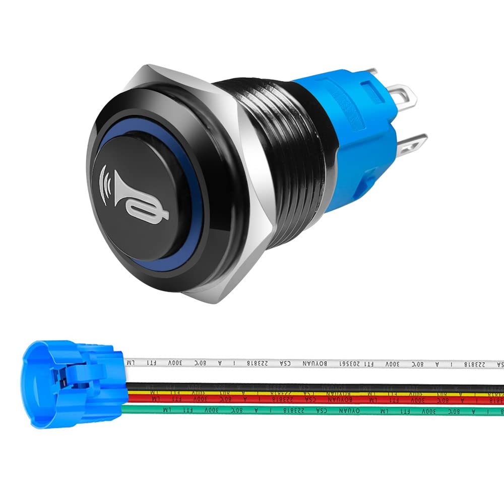 Gebildet 16mm 12V-24V/5A Momentary Switch, Speaker Horn Black Push Button with P