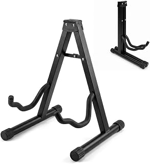 Straame Universal Guitar Stand, Foldable A-Frame Floor Holder, Steel, Black | Foam-padded arms, rubber backrest and non-slip feet protect guitars; folds flat for easy storage, travel, gigs and rehearsals