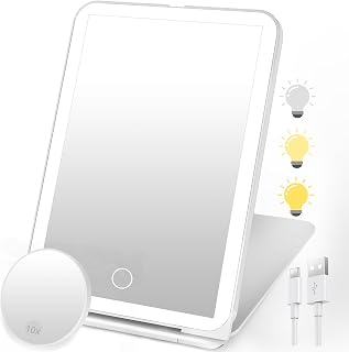 SURFOU Specchio Trucco con Luci LED Ricaricabile USB-C, Pieghevole e Portatile, 3 Tonalità di Luce Regolabile + 10X Ingranditore, Interruttore Tattile e Memoria, Compatto per Makeup Professionale, Via