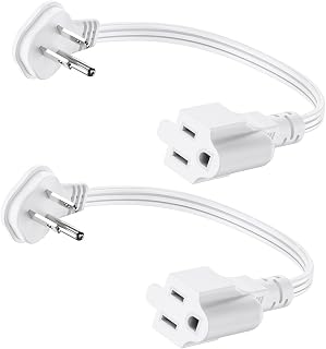 Flat Plug 1Ft Short Extension Cord, White 90-Degree Plug Low Profile Power Adapter, 3-Prong Indoor Grounded Small Extension Cord 16AWG 13A 1625W 2 Pack
