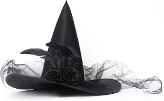 JUSTOTRY Halloween Witch Hat - Halloween Costume Witches Hats for Women | Classic Halloween style – Black witch hat for women with roses, tulle and feathers; lightweight design with a wide brim.