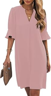 Wkior Shift Dress for Women V Neck Short Sleeve Solid Color Casual Summer Dresses (S-2XL)