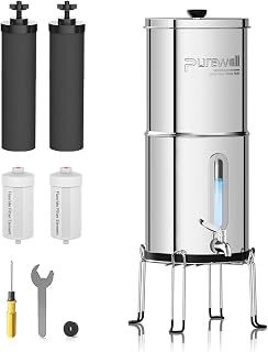 Purewell 5,7L Gravity Water Filter System – Stainless Steel Countertop Design with 4 Filters, Glass Water Level Window – Reduces Fluoride, Chlorine – for Home, Camping & Emergency Survival