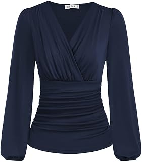 GRACE KARIN Women's Plain Long Sleeve Lantern Cross Neck V Neck Blouse Summer Top with Ruched Waist Top Women Chic and Elegant