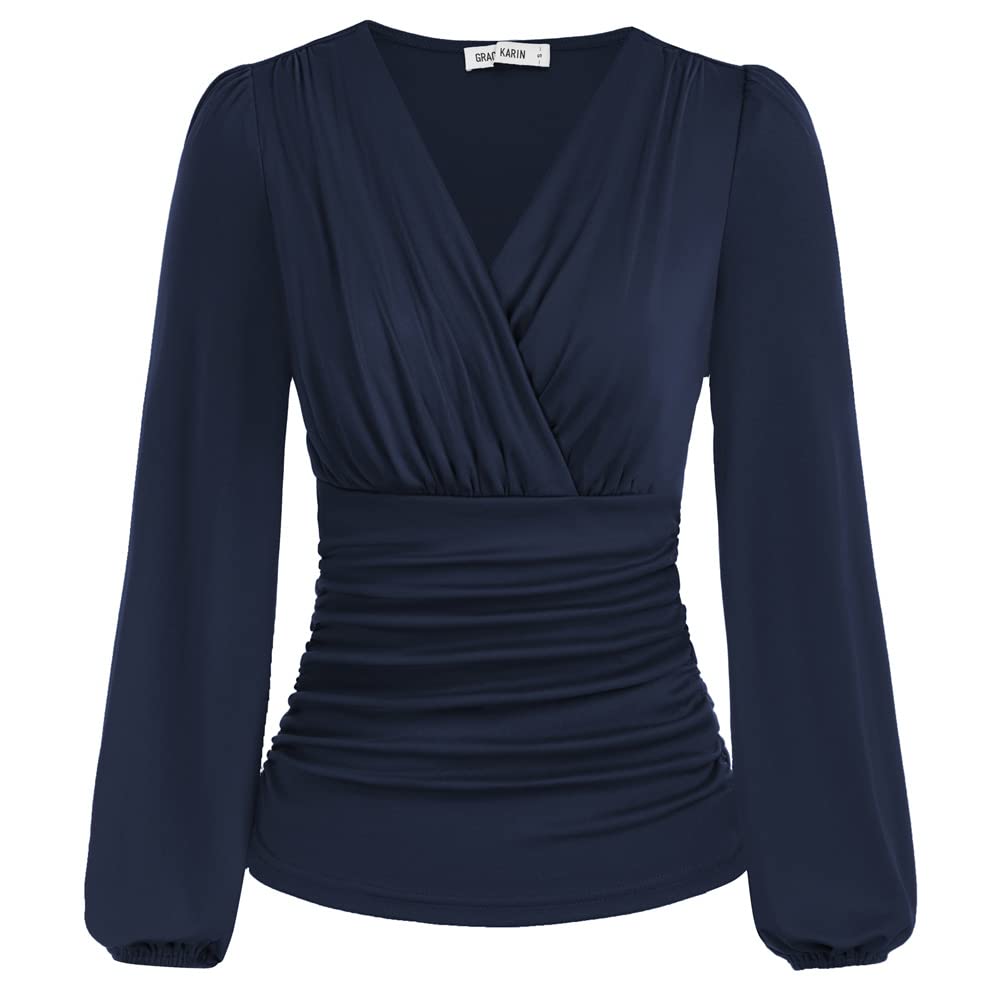 GRACE KARIN Women's Plain Long Sleeve Lantern Cross Neck V Neck Blouse Summer To