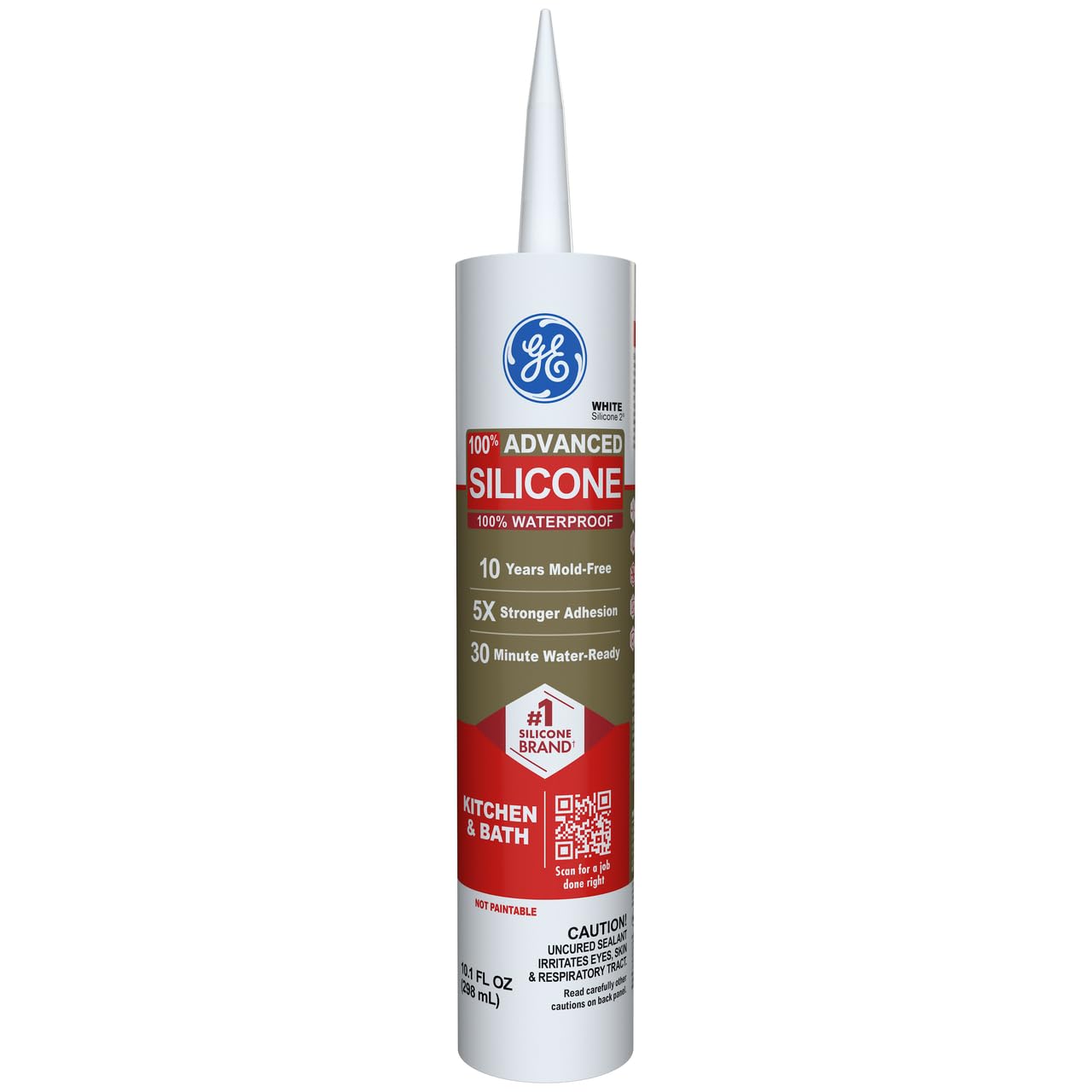 GE Advanced Silicone Caulk for Kitchen & Bathroom, White, 10 fl oz Cartridge, 1 