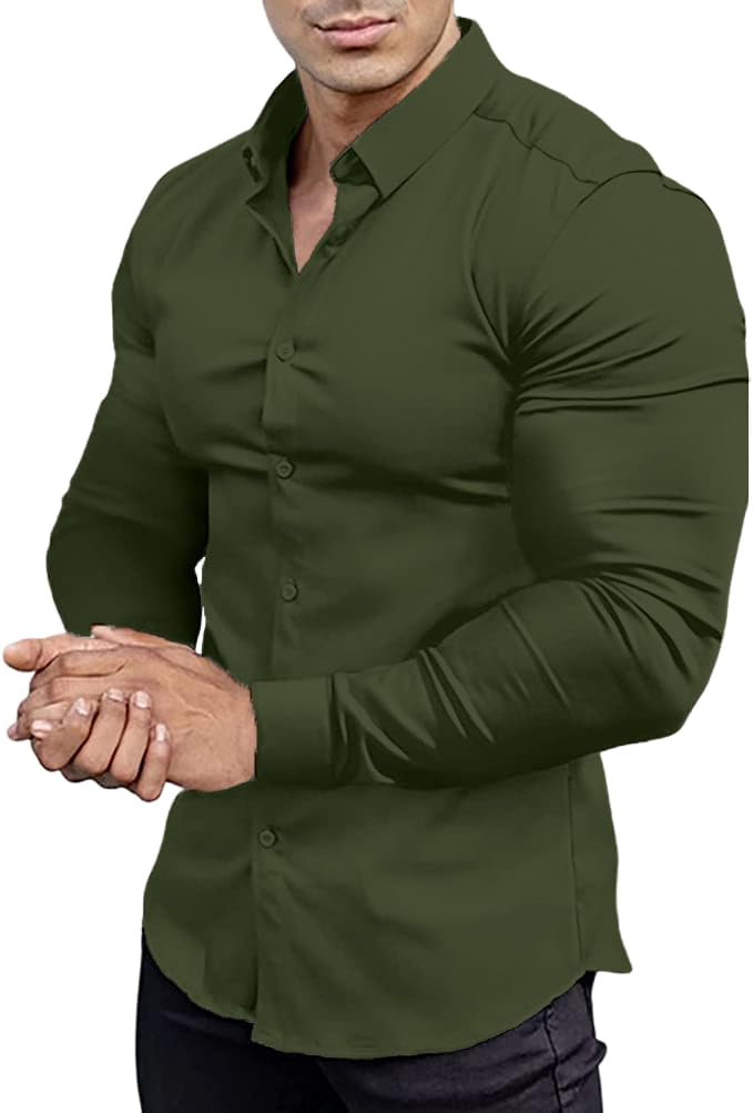 Men’s Muscle Fit Dress Shirts Athletic Slim Fit Long Sleeve Stretch Casual Butto