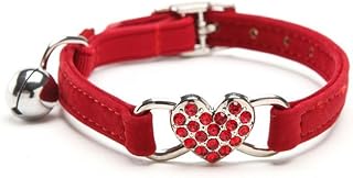 Colorful Diamond Cat Collar Elastic Adjustable 8 Colors Adjustable Cute Soft Cat Collar with Heart and Bell (Red)