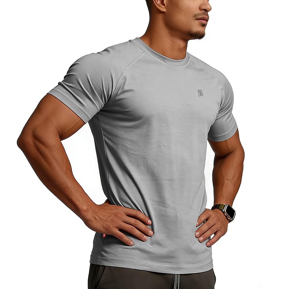 Men's Cotton Short Sleeve Raglan Crew Neck Gym Workout Athletic Tee