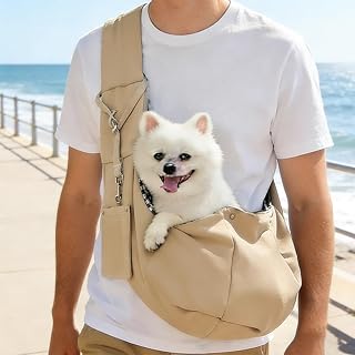 Small Dog Sling Carrier, Hands Free Cross Body Sling with Front Pocket for Pets up to 16 lbs for Travel, Hiking, Shopping - Khaki