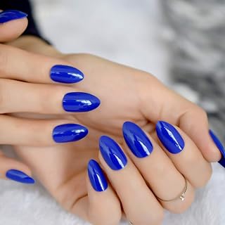 Shiny Dark Blue Push Nails Solid Color False Nail Medium Length Almond Reusable Fake Nail Art Tips