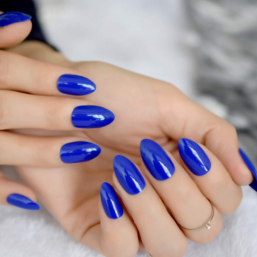 Shiny Dark Blue Push Nails Solid Color False Nail Medium Length Almond Reusable 