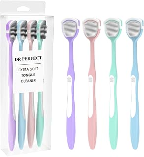 DR PERFECT Soft Tongue Brush Scraper Cleaner Helps Fight Bad Breath Clean Your Tongue Without Hurt Pack Of 4 (GREEN PURPLE BLUE PINK)