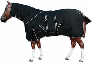 Black 1200D Waterproof Winter Horse Turnout Blanket 80 | 300g poly fill insulation, neck cover and belly wrap included, double-stitched seams, removable leg straps, insulated tail