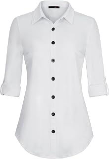 DJT Womens Button Down Shirts Fall Tops Soft Knitted Stretchy Roll Up Long Sleeve Dressy Casual Shirt Work Blouse Top