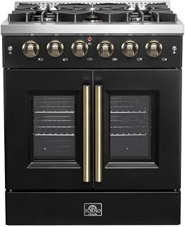 Forno Galiano 30" French Door Gas Range, Black & Antique Brass, 4.32 cu.ft. Convection Oven