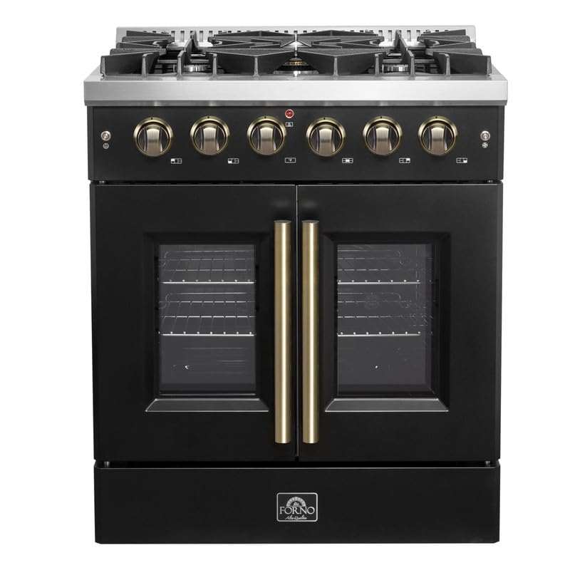Forno Galiano 30" French Door Gas Range, Black & Antique Brass, 4.32 cu.ft. Conv