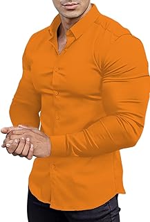 Mens Muscle Fit Athletic Slim Fit Long Sleeve Stretch Casual Button Down Shirt