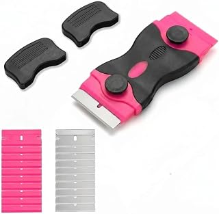 2 in 1 Scraper with 20 Blades (10 Metal, 10 Plastic) Multipurpose Scraper for Glass Hob Cleaning Paint & Adhesives Floor & Window - Pink