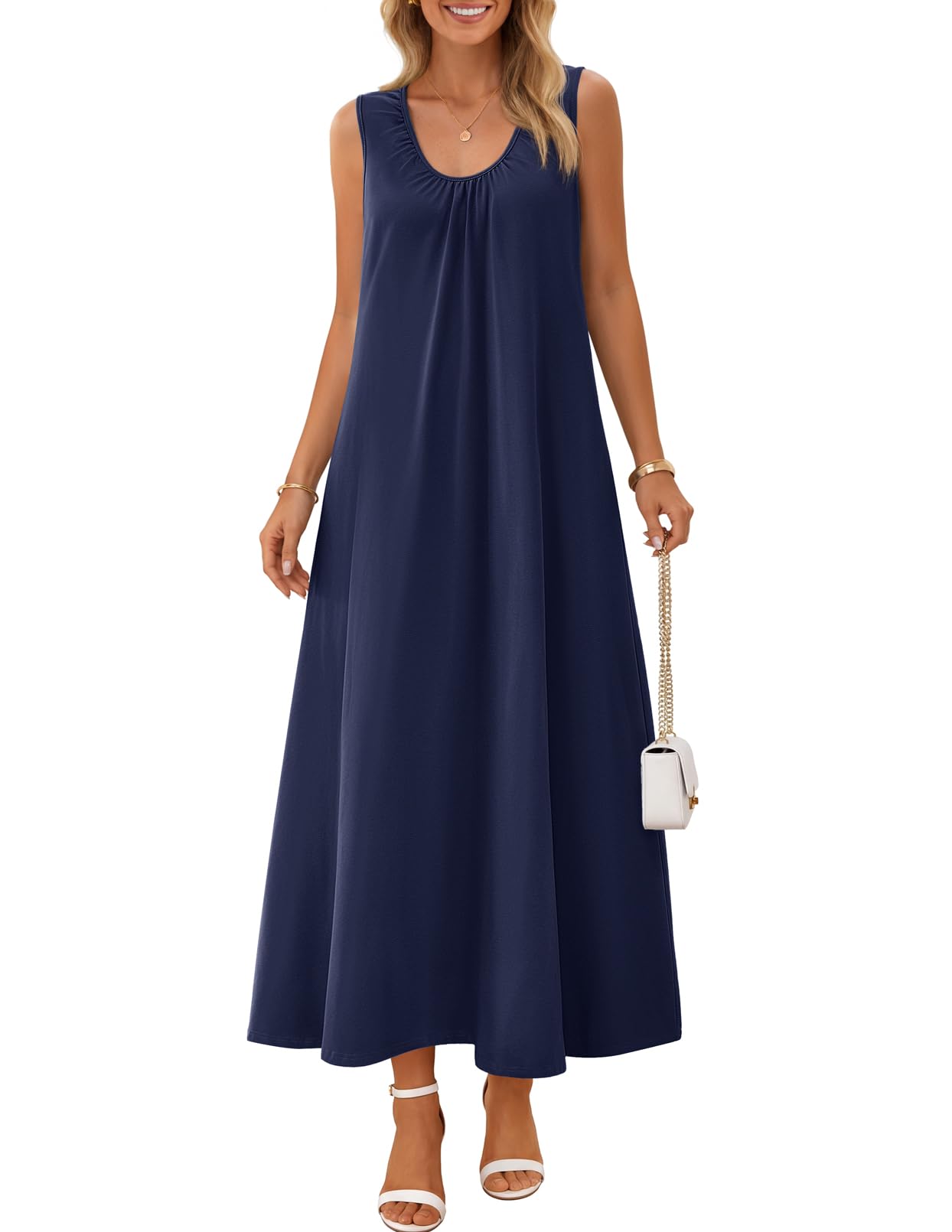 MEROKEETY Women's Summer Boho Sleeveless Ruched Maxi Dress