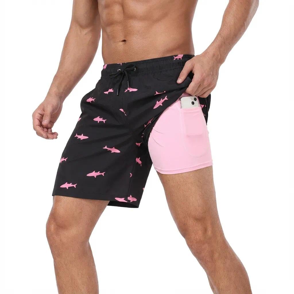 Men's Swimming Trunks with Compression Lining Quick Dry Beach Shorts with Zipper