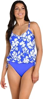 [24th & Ocean] Women's Tankini Top Underwire V-Neck Blouson Tankini Swimsuit Top Blue