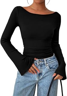 Women Long Sleeve Shirts Crop Going Out Tops Casual Boat Neck Ribbed Sleeve Ruched Clothes