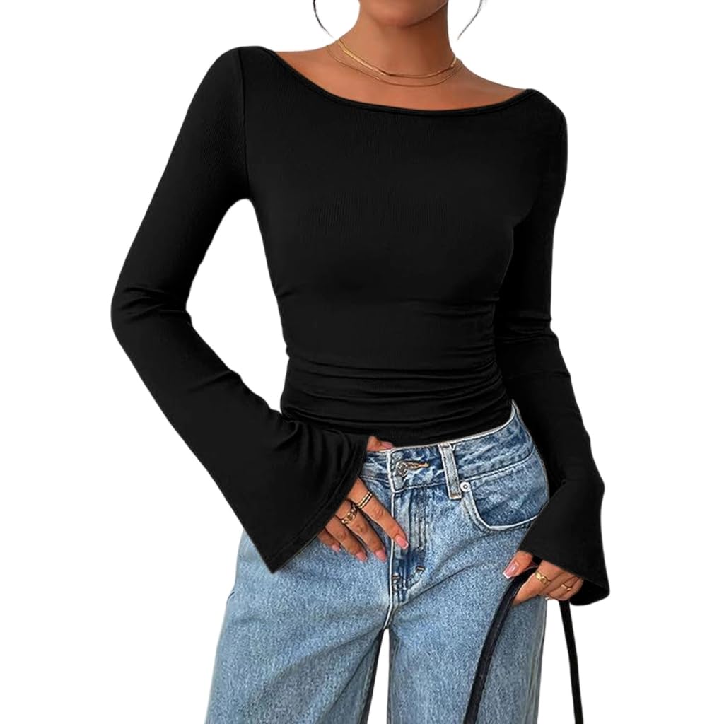 Women Long Sleeve Shirts Crop Going Out Tops Casual Boat Neck Ribbed Sleeve Ruch