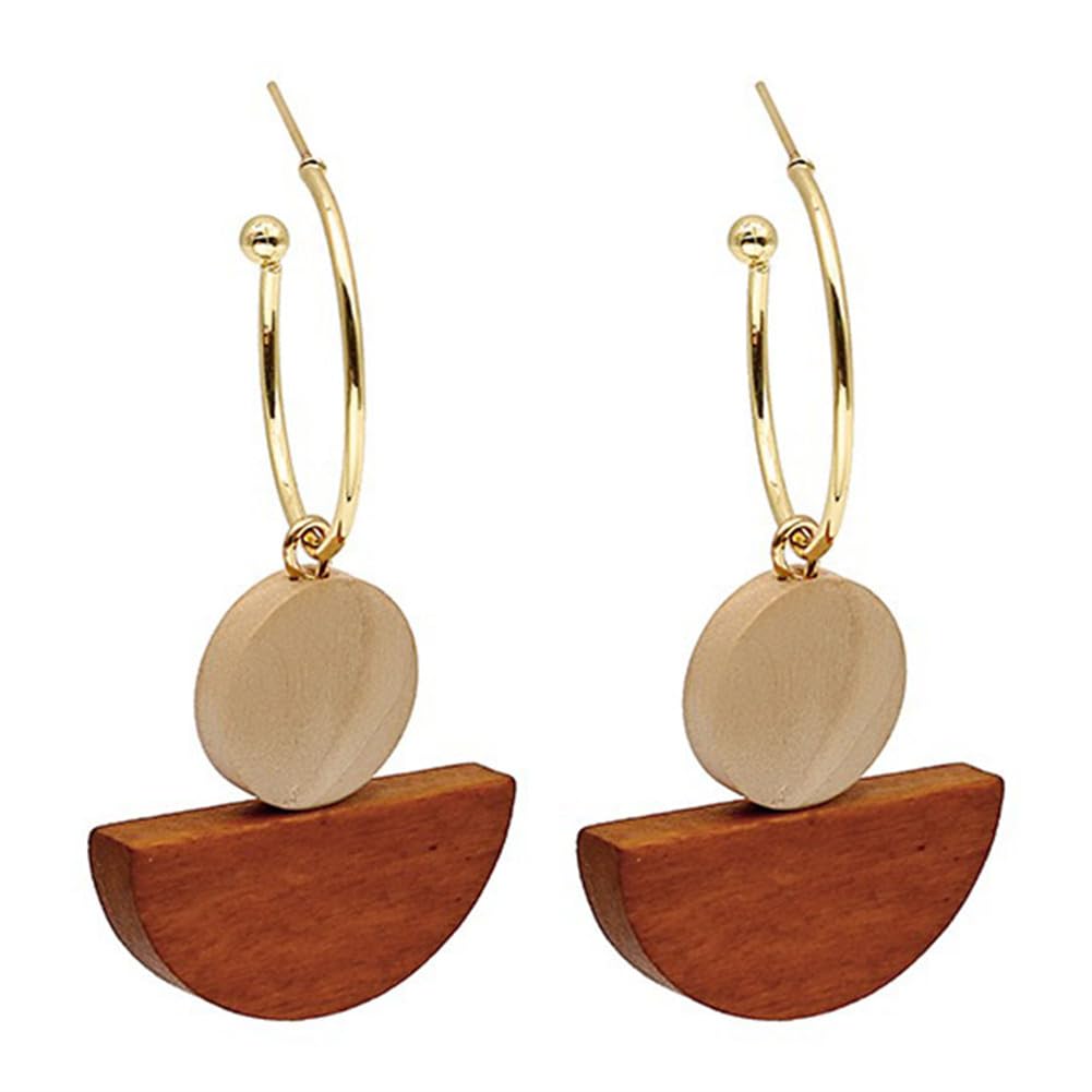 CHUNYANAN Personality Handmade Asymmetrical Round Wooden Earrings Vintage Geomet