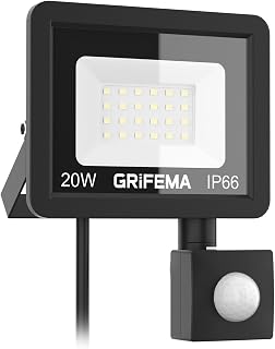GRIFEMA 20W LED Security Light with Motion Sensor 2200LM 6500K | IP66 Waterproof Cool White Floodlight with Adjustable 180 Degree Bracket for Garden, Garage and Yard Security, No Plug