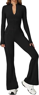 Ecupper Women's Jumpsuit Long Sleeve Flare Romper Zip Up Bodysuit