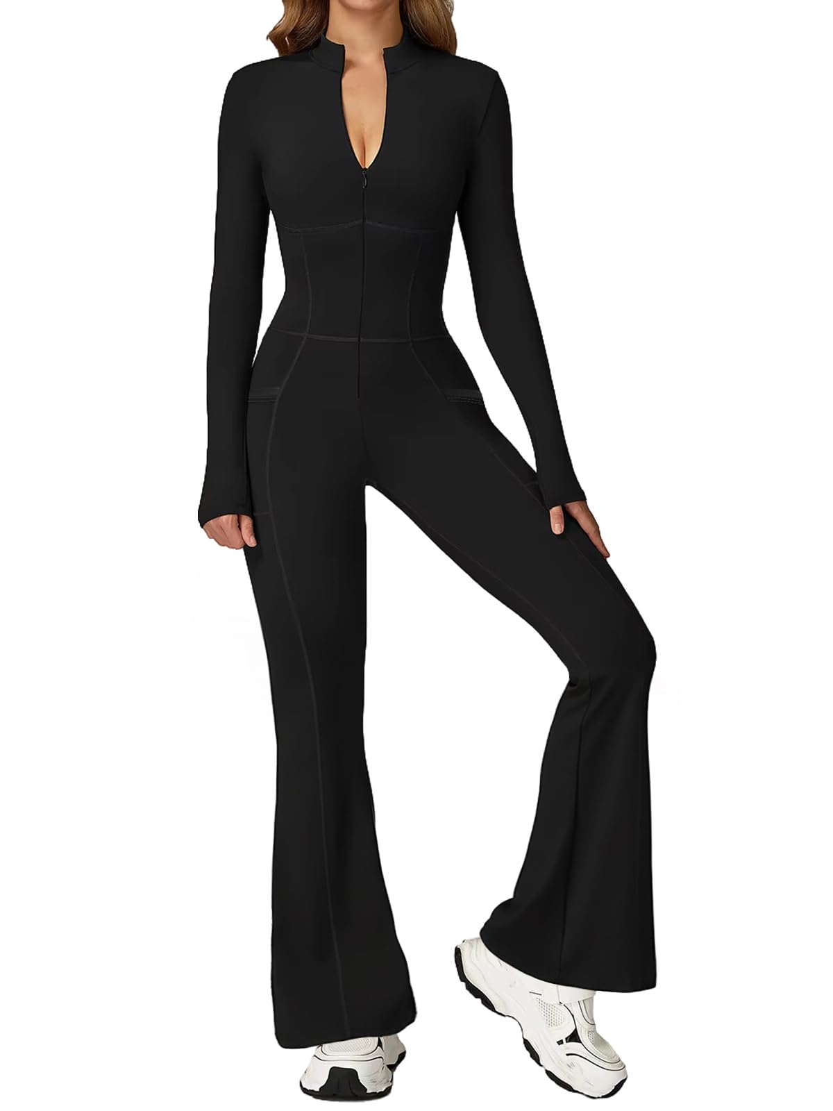 Ecupper Women's Jumpsuit Long Sleeve Flare Romper Zip Up Bodysuit