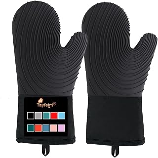 Silicone Oven Mitts-13.6 in Extended Oven Mitts Heat Resistant 500F, Oven Gloves with Soft Liner Good Grippy BPA-Free Easy to Clean Flexible-Oven Mits Set for Cooking Baking Grilling BBQ-Black