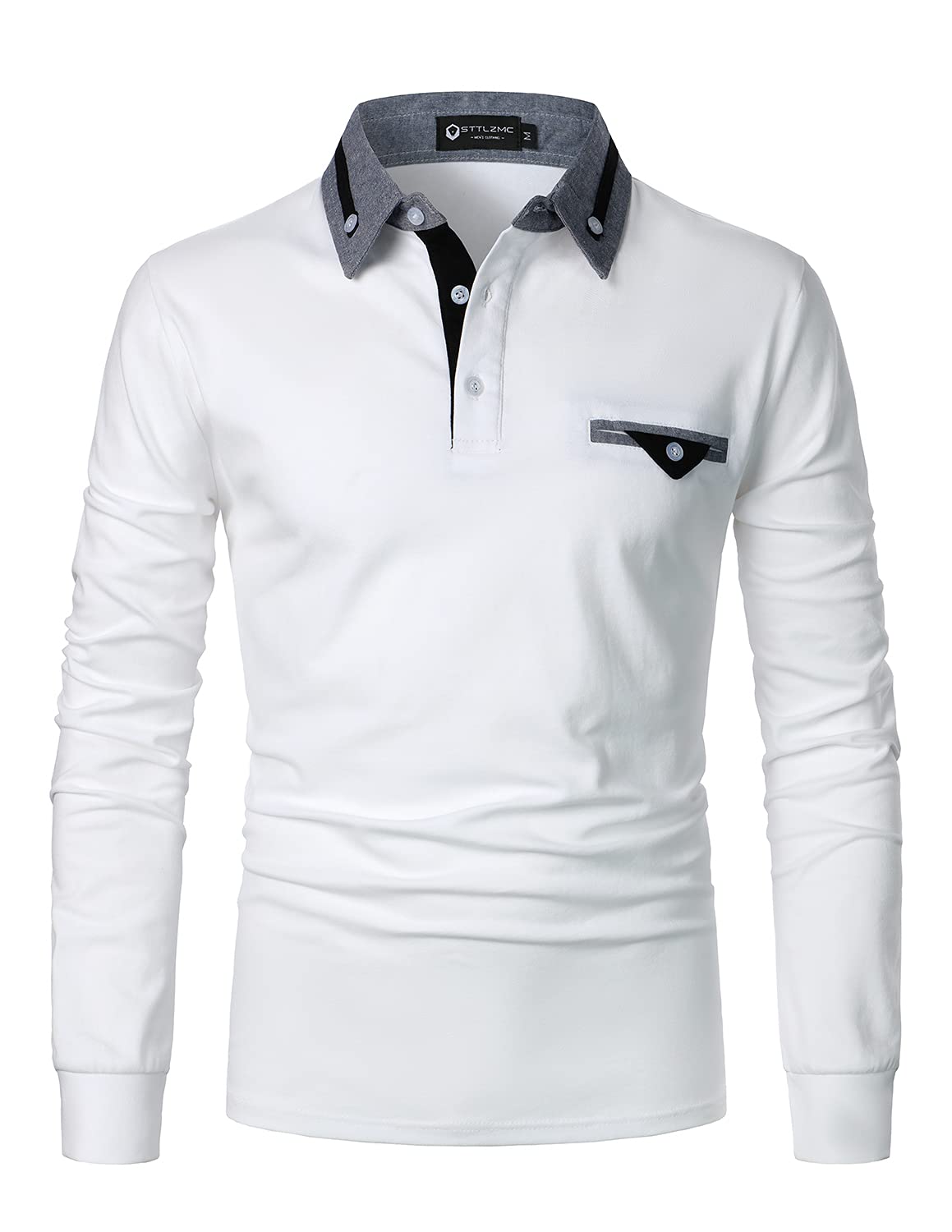 STTLZMC Men's Long Sleeve Polo Shirts Casual Fit Plaid Collar Cotton Golf T-Shir