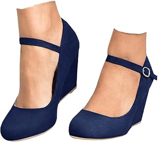 Coutgo Women's Mary Jane Wedge Pumps Comfortable Closed Toe Ankle Strap Pumps