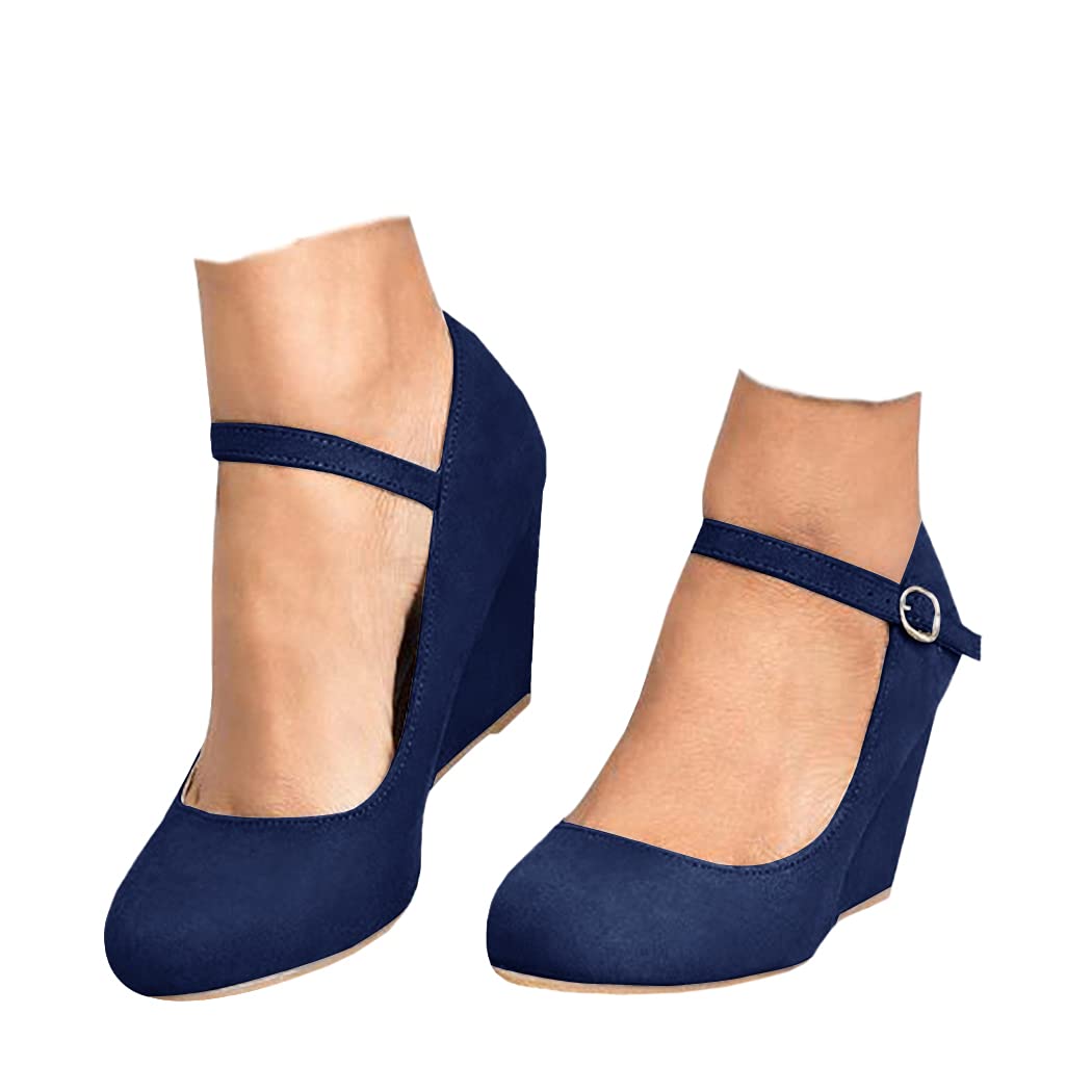 Coutgo Women's Mary Jane Wedge Pumps Comfortable Closed Toe Ankle Strap Pumps