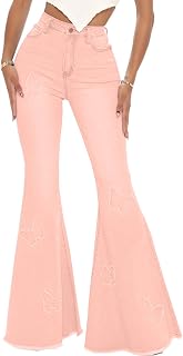 Women's Butterfly Bell Bottom Jeans Elastic High Waisted Embroidered Classic Flareed Jeans Raw Hem Denim Pants with Pocket