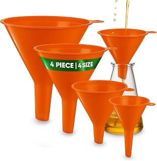 KarZone Oil Funnel Set - Plastic Funnels for Automotive &amp; Kitchen | Orange, 4 Pack, Multi-Purpose Use, Leak-Free Design, Portable Storage, Corrosion-Resistant